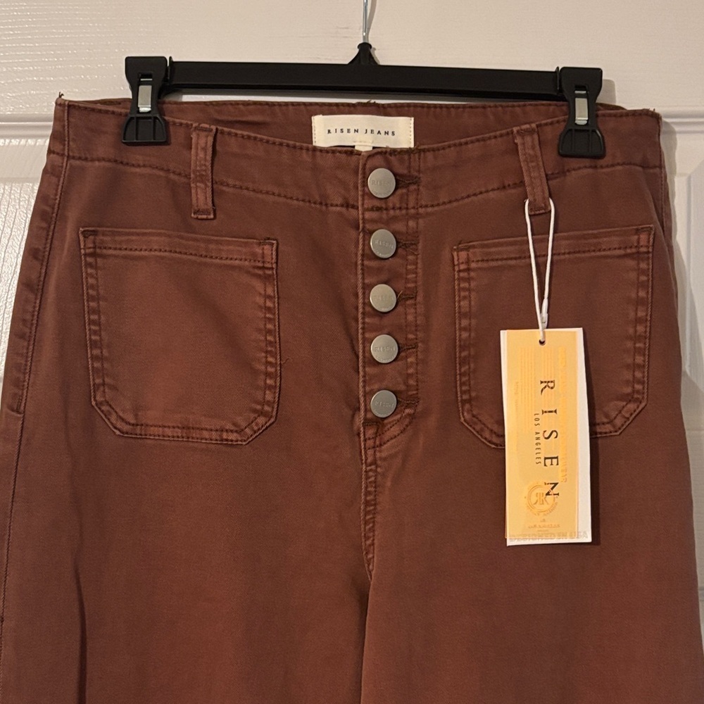 Risen Wide-Leg Cuffed Cropped Jeans-Brown - Picture 2 of 7